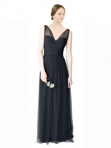 Pewter Trapèze Col V Tulle Longue Robes demoiselle d'honneur à Bas Prix