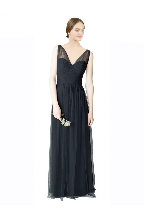 Pewter Trapèze Col V Tulle Longue Robes demoiselle d'honneur à Bas Prix