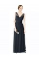 Pewter Trapèze Col V Tulle Longue Robes demoiselle d'honneur à Bas Prix