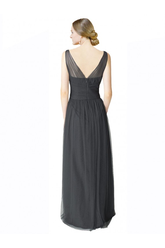 Pewter Trapèze Col V Tulle Longue Robes demoiselle d'honneur à Bas Prix