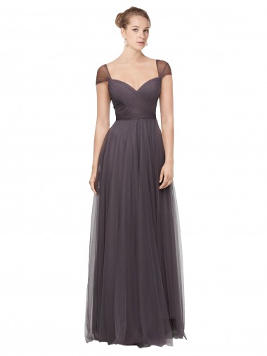 Pewter Trapèze Tulle Longue Robes demoiselle d'honneur à Bas Prix