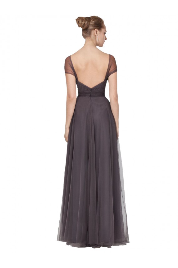 Pewter Trapèze Tulle Longue Robes demoiselle d'honneur à Bas Prix