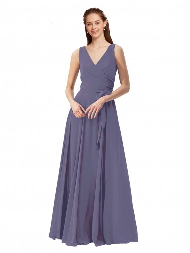 Pierre d'argent Trapèze Col V Mousseline Longue Robes demoiselle d'honneur à Bas Prix