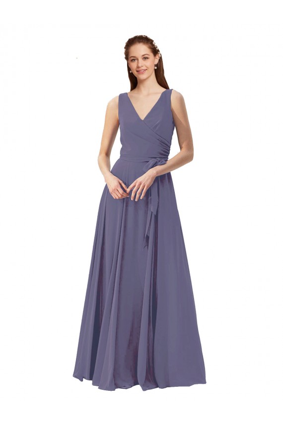 Pierre d'argent Trapèze Col V Mousseline Longue Robes demoiselle d'honneur à Bas Prix