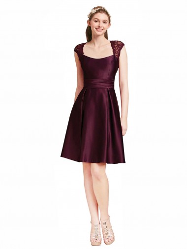 Pourpre Trapèze Col Carré Satiné Dentelle Courte Robes demoiselle d'honneur / Robes de cocktail à Bas Prix
