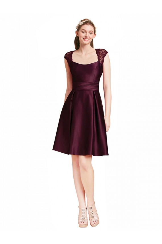 Pourpre Trapèze Col Carré Satiné Dentelle Courte Robes demoiselle d'honneur / Robes de cocktail à Bas Prix
