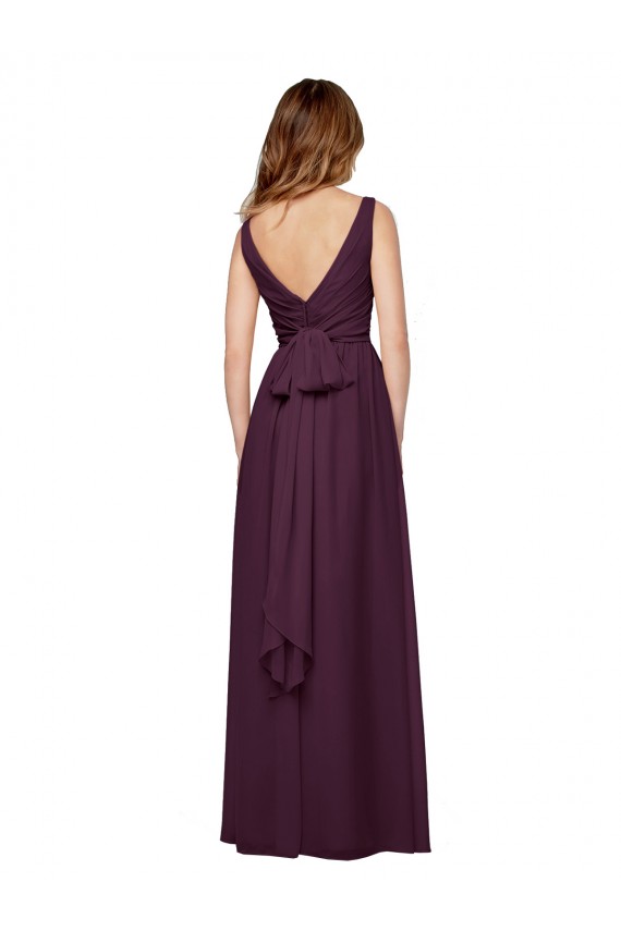 Pourpre Trapèze Col V Mousseline Longue Robes demoiselle d'honneur à Bas Prix