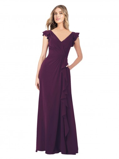 Pourpre Trapèze Col V Mousseline Longue Robes demoiselle d'honneur à Bas Prix