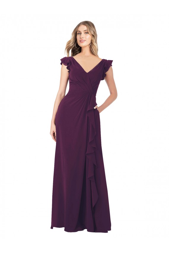 Pourpre Trapèze Col V Mousseline Longue Robes demoiselle d'honneur à Bas Prix
