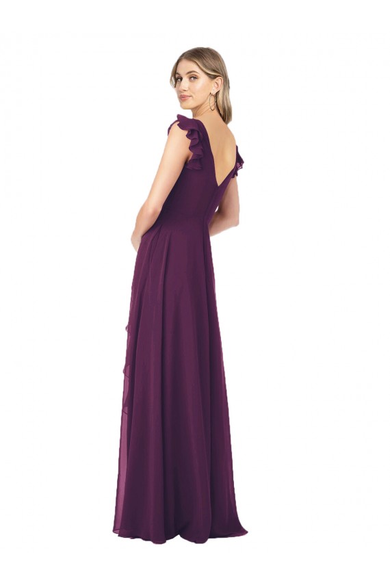 Pourpre Trapèze Col V Mousseline Longue Robes demoiselle d'honneur à Bas Prix