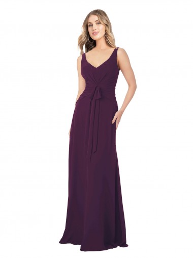 Pourpre Trapèze Col V Mousseline Longue Robes demoiselle d'honneur à Bas Prix