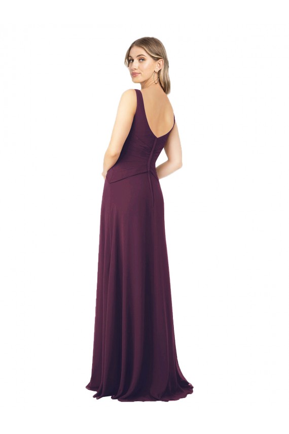 Pourpre Trapèze Col V Mousseline Longue Robes demoiselle d'honneur à Bas Prix