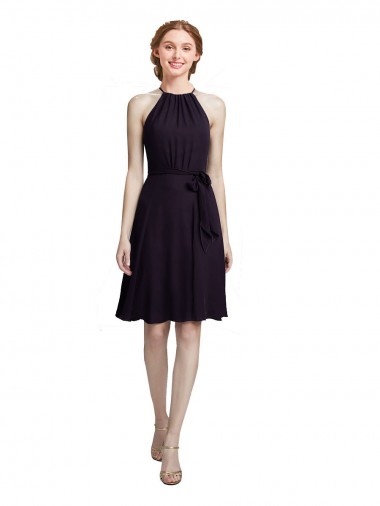 Pourpre Trapèze Licou Col Haut Mousseline Courte Robes demoiselle d'honneur / Robes de cocktail à Bas Prix