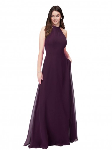 Pourpre Trapèze Licou Col Haut Mousseline Longue Robes demoiselle d'honneur à Bas Prix