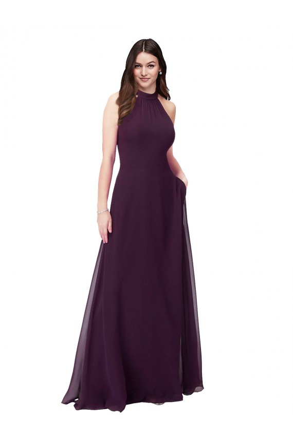 Pourpre Trapèze Licou Col Haut Mousseline Longue Robes demoiselle d'honneur à Bas Prix