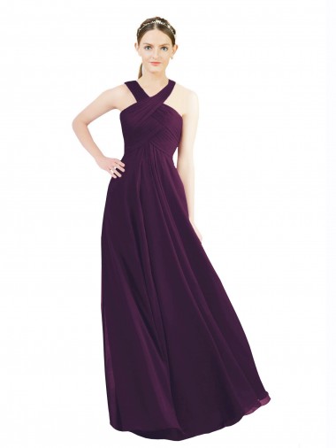 Pourpre Trapèze Licou Mousseline Longue Robes demoiselle d'honneur à Bas Prix