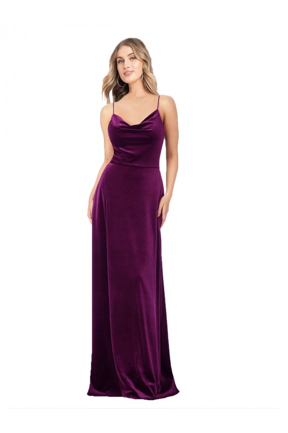 Pourpre Trapèze Scoop Col V Velours Stretch Longue Formelles Robes demoiselle d'honneur / Robes de soirée / Robes de bal à Bas Prix