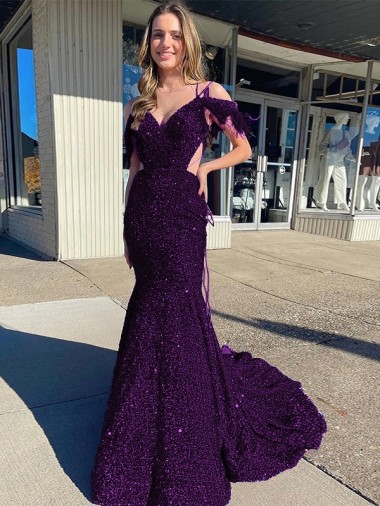 Prune Fourreau Bretelles spaghetti Col V Traîne moyenne Paillettes Velours Longue Robes de bal à Bas Prix