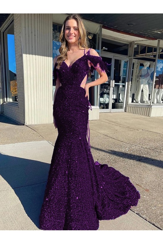 Prune Fourreau Bretelles spaghetti Col V Traîne moyenne Paillettes Velours Longue Robes de bal à Bas Prix