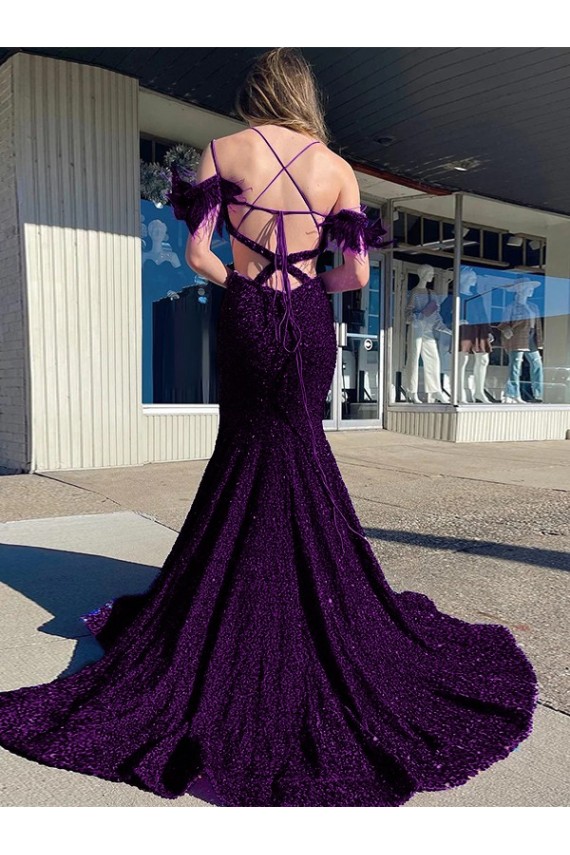 Prune Fourreau Bretelles spaghetti Col V Traîne moyenne Paillettes Velours Longue Robes de bal à Bas Prix
