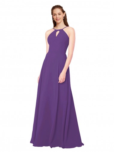 Prune Fourreau Col Haut Mousseline Longue Robes demoiselle d'honneur à Bas Prix