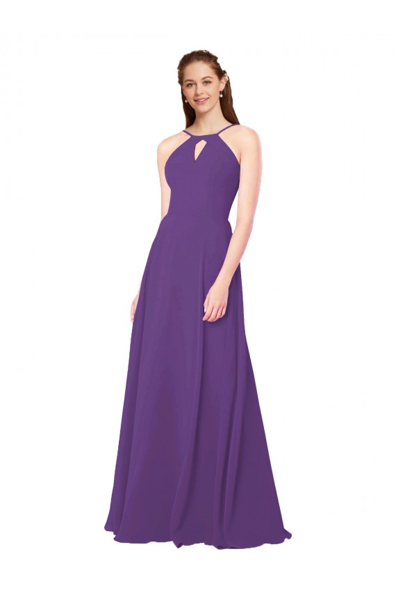 Prune Fourreau Col Haut Mousseline Longue Robes demoiselle d'honneur à Bas Prix