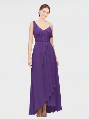 Prune Trapèze Col V Mousseline Longue Asymétrique Robes demoiselle d'honneur à Bas Prix