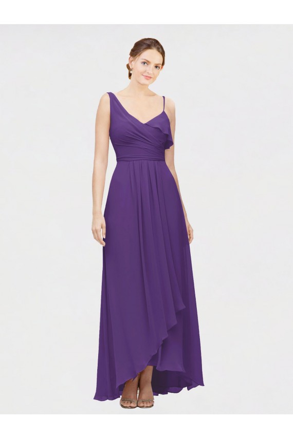 Prune Trapèze Col V Mousseline Longue Asymétrique Robes demoiselle d'honneur à Bas Prix