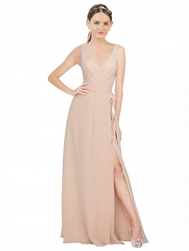 Rose 114 Trapèze Col V Mousseline Longue Robes demoiselle d'honneur à Bas Prix