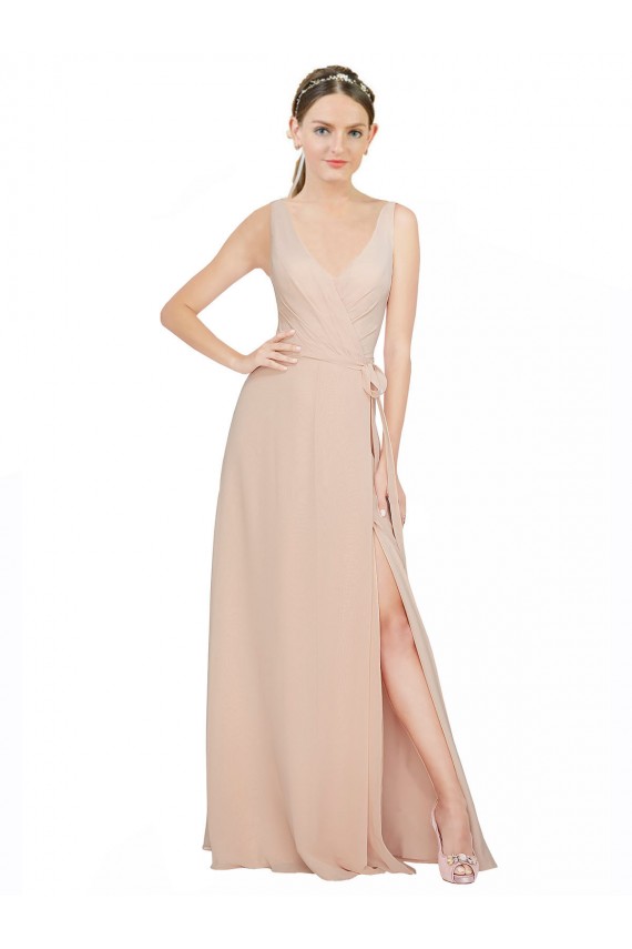 Rose 114 Trapèze Col V Mousseline Longue Robes demoiselle d'honneur à Bas Prix