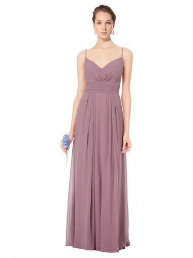 Rose 147 Trapèze Bretelles spaghetti Col V Mousseline Longue Robes demoiselle d'honneur à Bas Prix