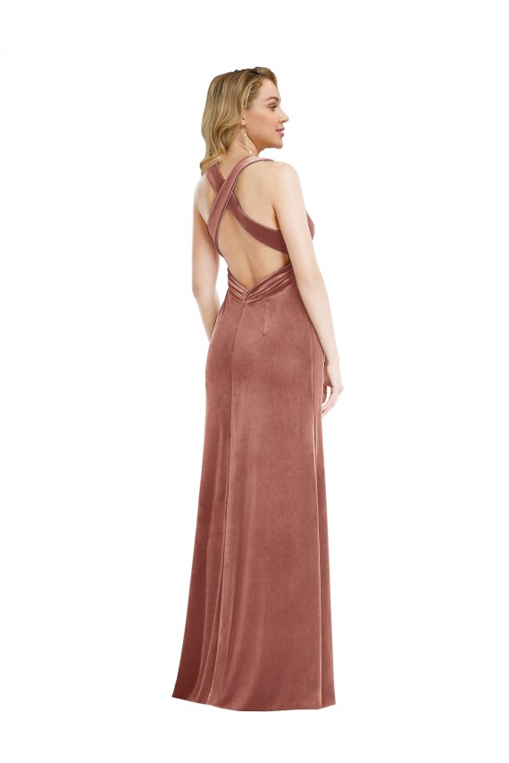 Rose Cannelle Trapèze Col V Velours Stretch Longue Formelles Robes demoiselle d'honneur / Robes de soirée / Robes de bal à Bas Prix