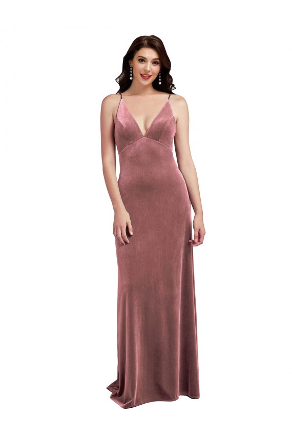 Rose Cannelle Trapèze Col V Velours Stretch Longue Formelles Robes demoiselle d'honneur / Robes de soirée / Robes de bal à Bas Prix