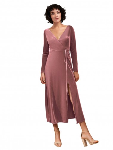 Rose Cannelle Trapèze Col V midi Velours Stretch Courte Robes demoiselle d'honneur / Robes de bal à Bas Prix