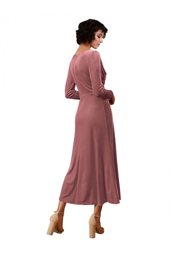 Rose Cannelle Trapèze Col V midi Velours Stretch Courte Robes demoiselle d'honneur / Robes de bal à Bas Prix