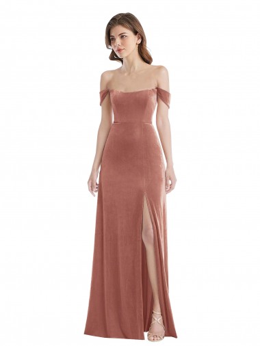 Rose Cannelle Trapèze Épaule Dénudée Velours Stretch Longue Robes demoiselle d'honneur / Robes de bal à Bas Prix