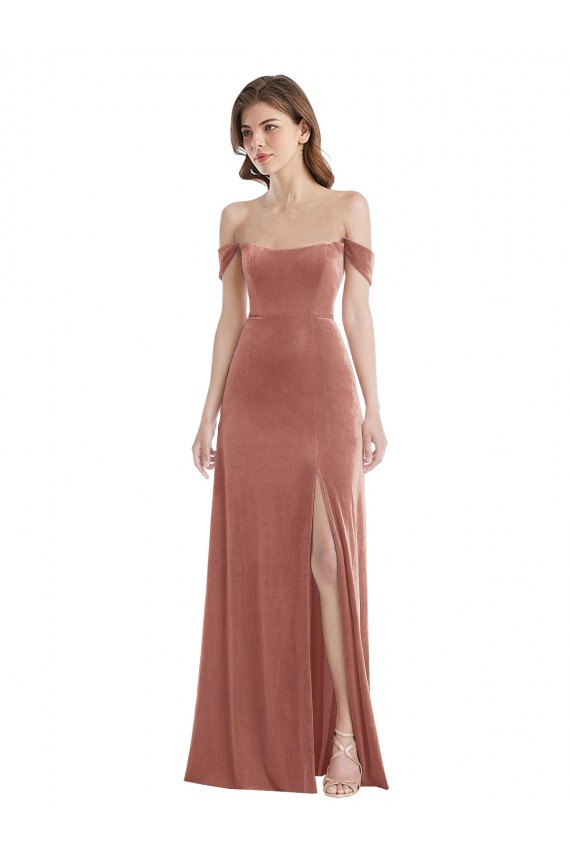Rose Cannelle Trapèze Épaule Dénudée Velours Stretch Longue Robes demoiselle d'honneur / Robes de bal à Bas Prix