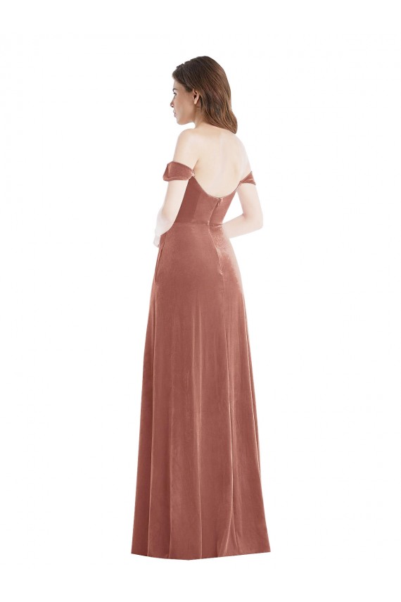 Rose Cannelle Trapèze Épaule Dénudée Velours Stretch Longue Robes demoiselle d'honneur / Robes de bal à Bas Prix