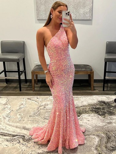 Rose Fourreau Balayage train Paillettes Velours Longue Robes de bal à Bas Prix