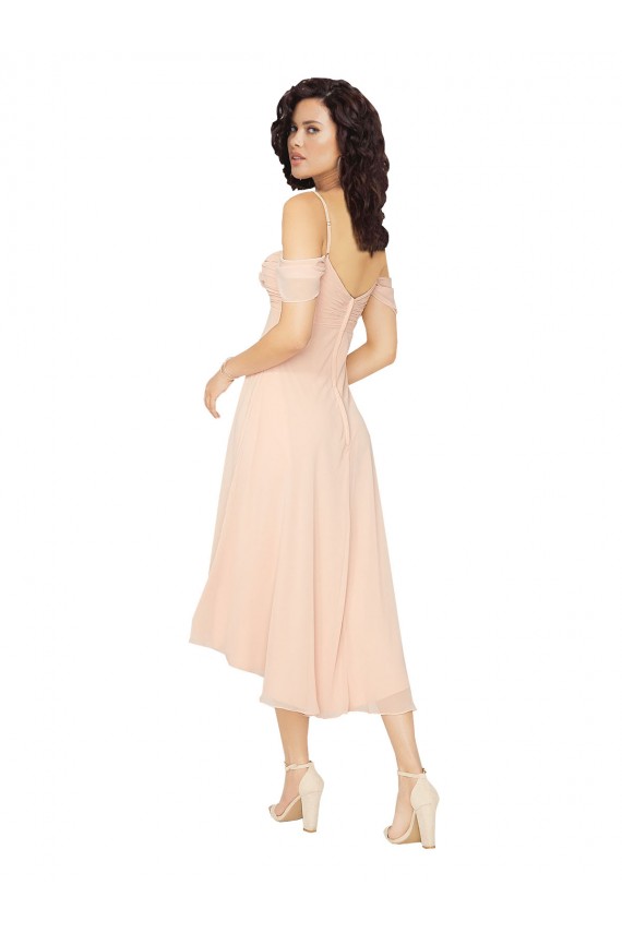 Rose Glacé Trapèze Col Carré midi Mousseline Courte Asymétrique Robes demoiselle d'honneur à Bas Prix