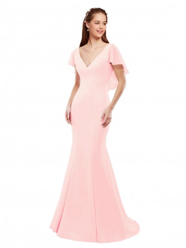 Rose Sirène Col V Mousseline Longue Robes demoiselle d'honneur à Bas Prix