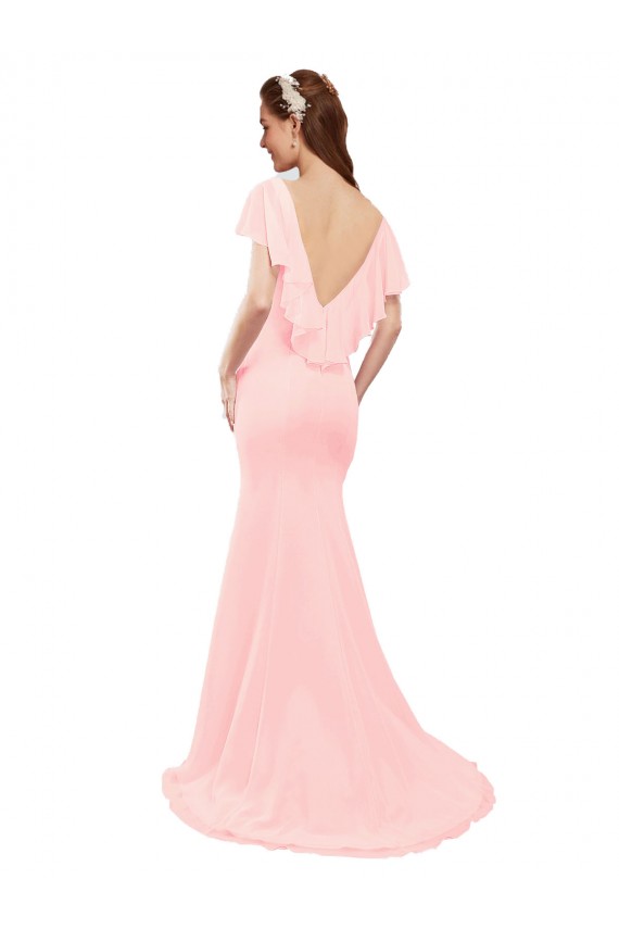 Rose Sirène Col V Mousseline Longue Robes demoiselle d'honneur à Bas Prix