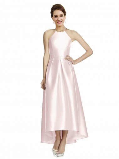 Rose Trapèze Bretelles spaghetti Satiné Longue Asymétrique Robes demoiselle d'honneur à Bas Prix