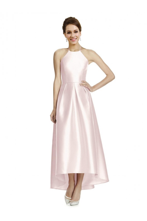 Rose Trapèze Bretelles spaghetti Satiné Longue Asymétrique Robes demoiselle d'honneur à Bas Prix