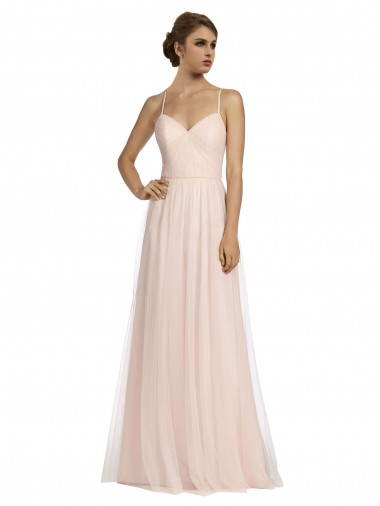 Rose Trapèze Bretelles spaghetti Tulle Longue Robes demoiselle d'honneur à Bas Prix