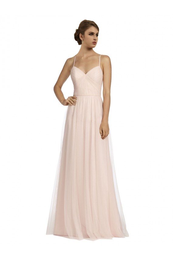 Rose Trapèze Bretelles spaghetti Tulle Longue Robes demoiselle d'honneur à Bas Prix