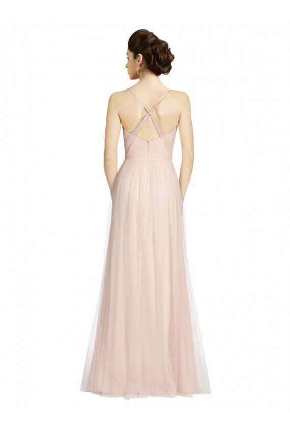 Rose Trapèze Bretelles spaghetti Tulle Longue Robes demoiselle d'honneur à Bas Prix