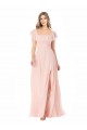 Rose Trapèze Col Carré Mousseline Longue Robes demoiselle d'honneur à Bas Prix