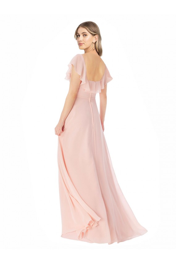 Rose Trapèze Col Carré Mousseline Longue Robes demoiselle d'honneur à Bas Prix