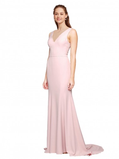 Rose Trapèze Col V Balayage train Crêpe Stretch Longue Robes demoiselle d'honneur / Robes de bal à Bas Prix